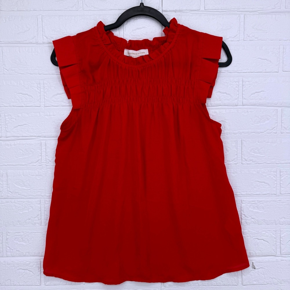 Monteau Blouse Women Medium Red Smocked Ruffle Cap Sleeve Top Boho